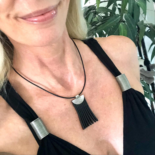 Black Handmade Leather Fringe Necklace