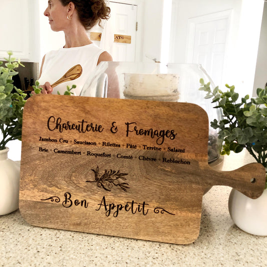 Charcuterie Board made from Acacia Wood, Laser Etched Bon Appétit