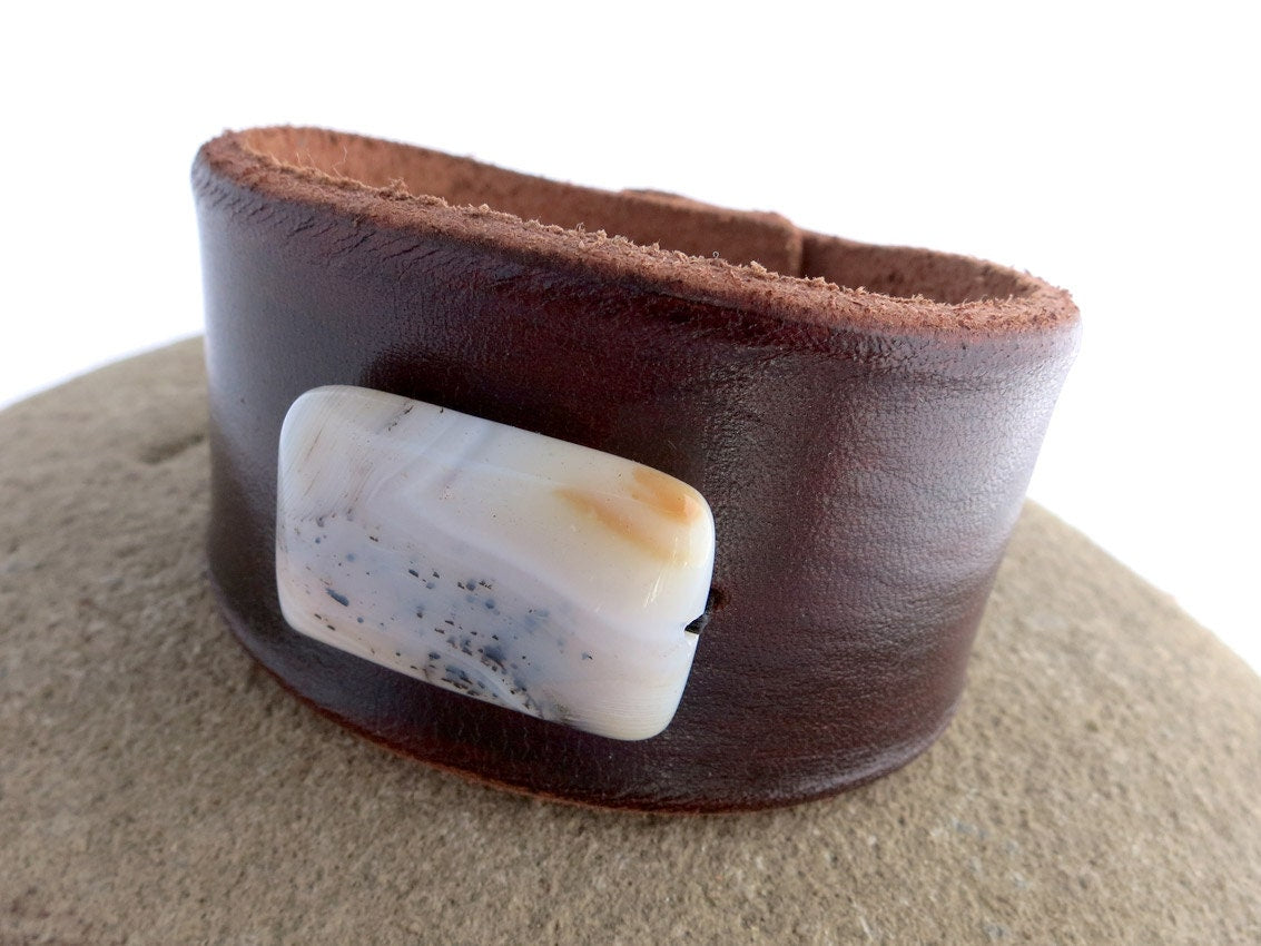 Brown Leather Cuff Bracelet with Carnelian Bead
