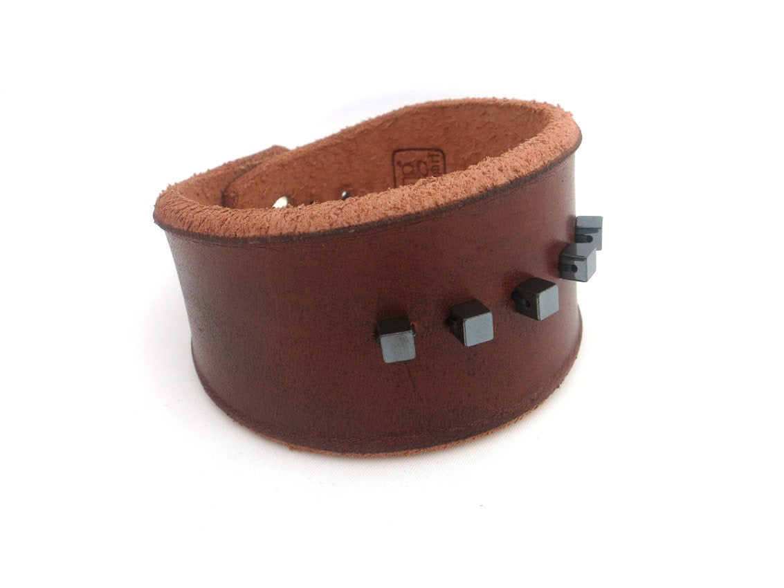 Brown Leather Bracelet Cuff with Hemetite Beads