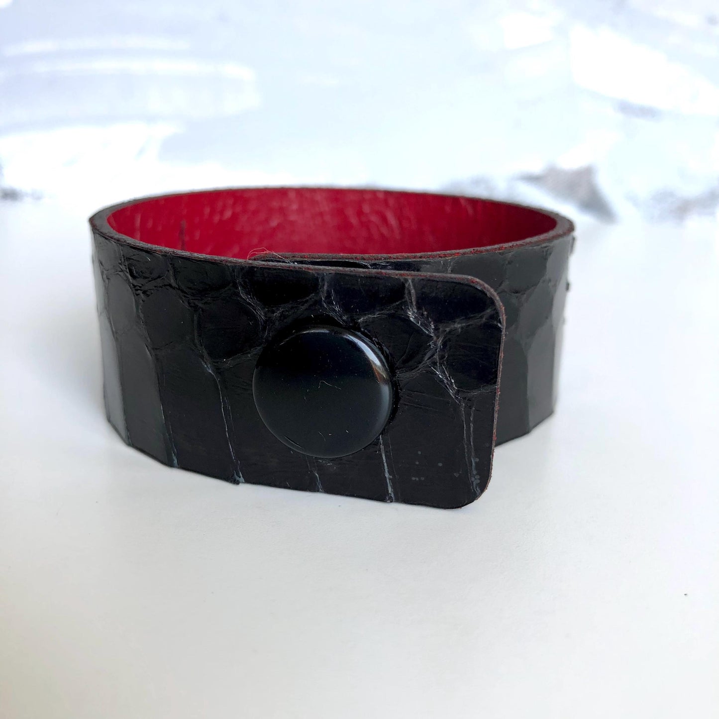 Black Snakeskin Bracelet with Hematite Beads