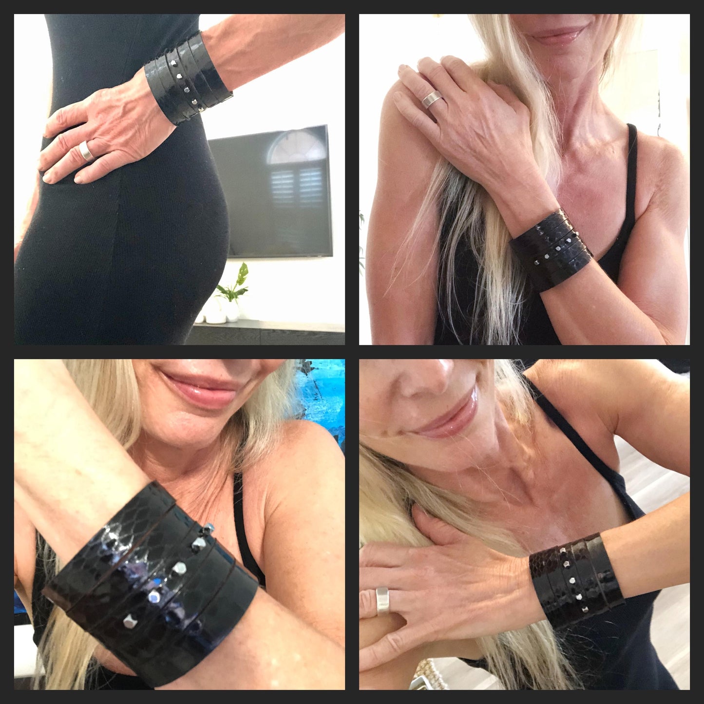 Black Snakeskin Leather Slit Cuff with Beads