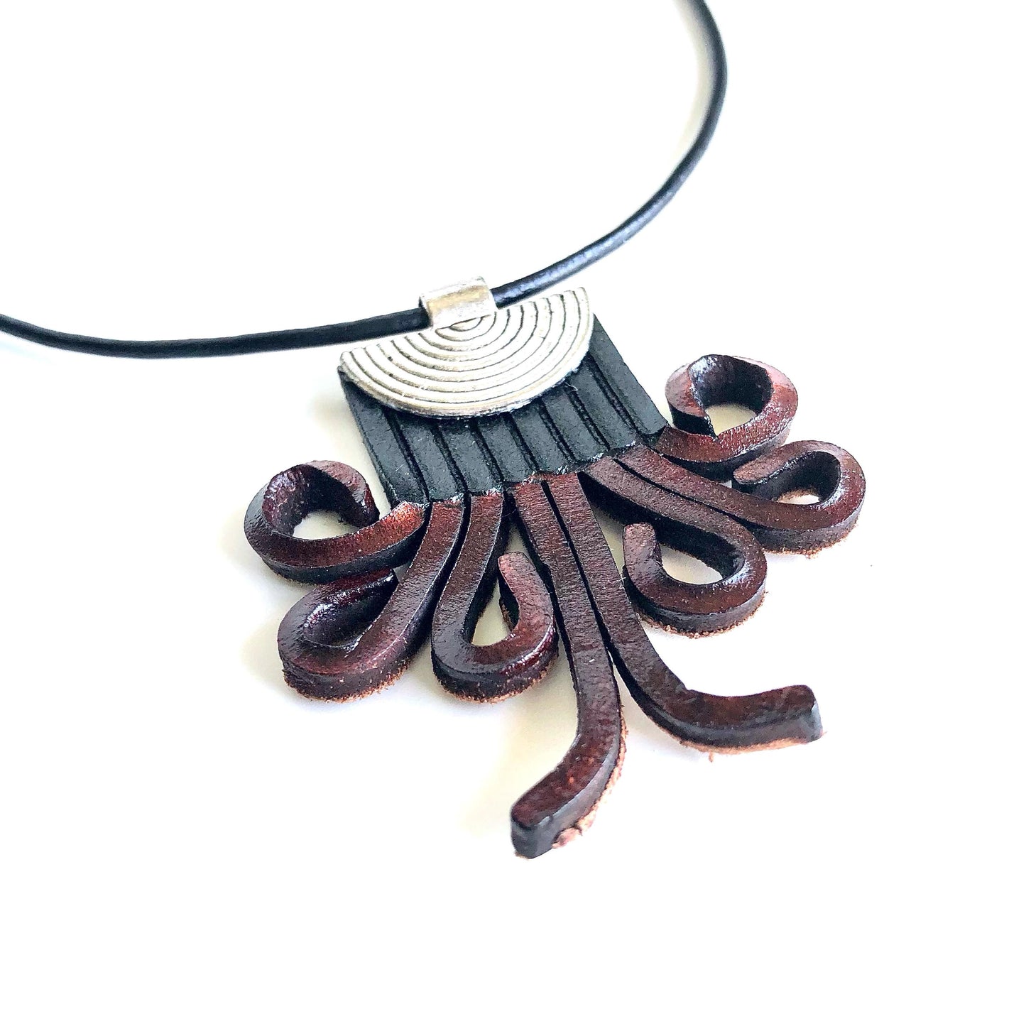 Leather Fringe Necklace Black and Mahogany