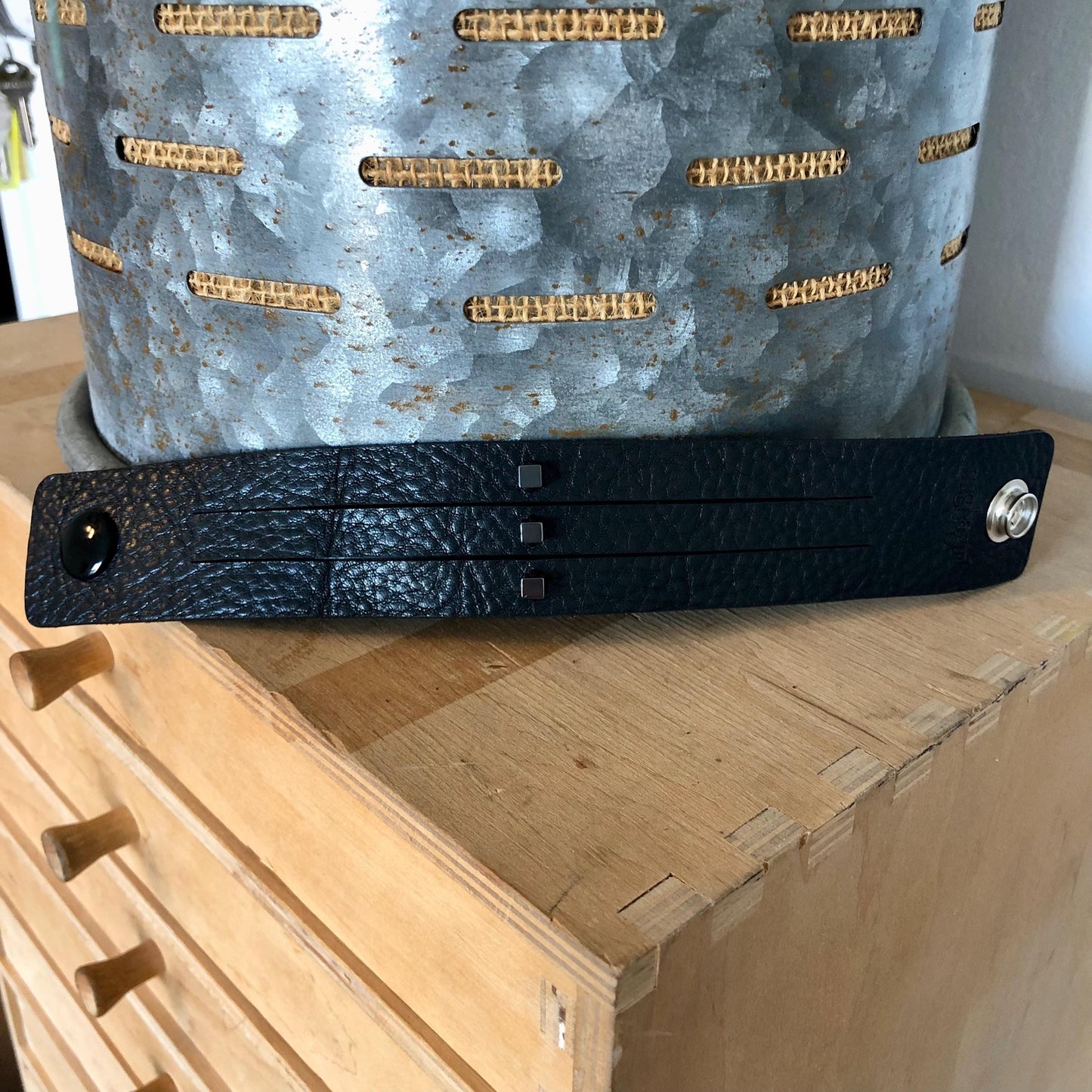 Black Leather Slit Cuff with Beads