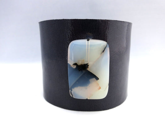 Handmade Navy Blue Leather Cuff Bracelet with Carnelian Stone Bead