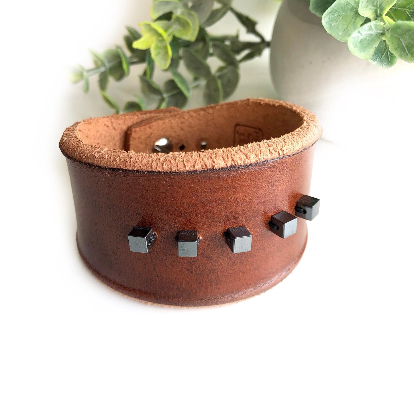 Brown Leather Bracelet Cuff with Hemetite Beads