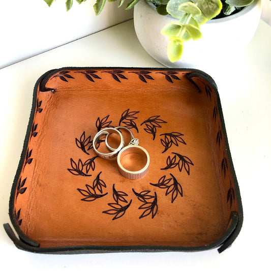 Handmade Leather Catch All Tray with Leaf Motif