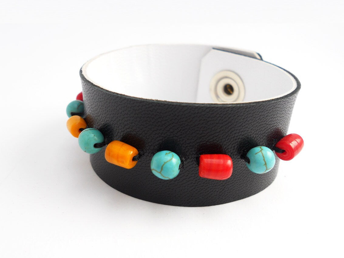 Black Leather Bracelet with Turkish Glass Beads and Turquoise Beads
