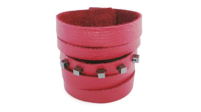 Red Leather Slit Cuff with Beads