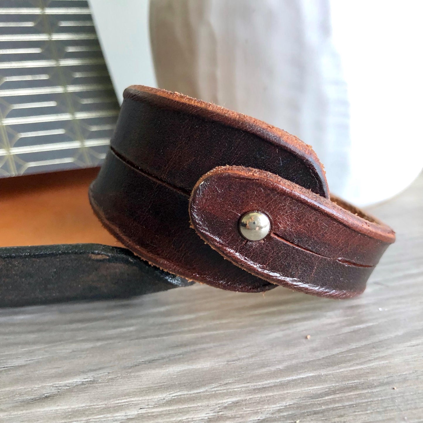 Dark Brown Leather Bracelet for Men Handmade from Rawhide Leather