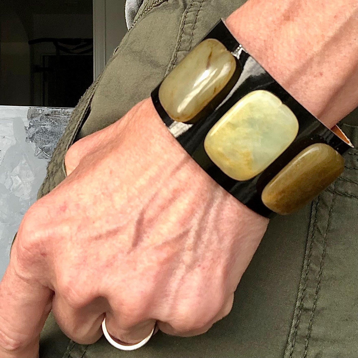 Black Patent Leather Bracelet Cuff with Jade Stone Beads