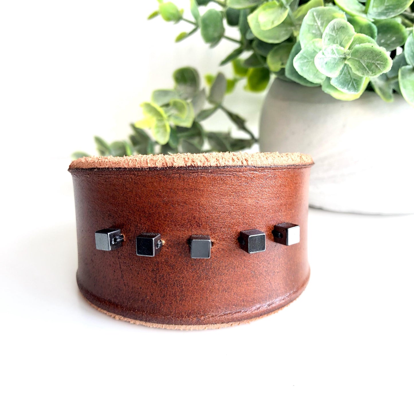 Brown Leather Bracelet Cuff with Hemetite Beads