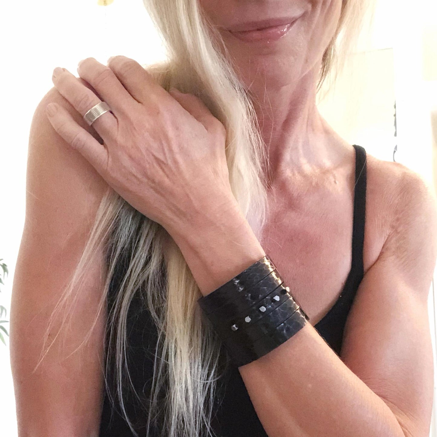 Black Snakeskin Leather Slit Cuff with Beads