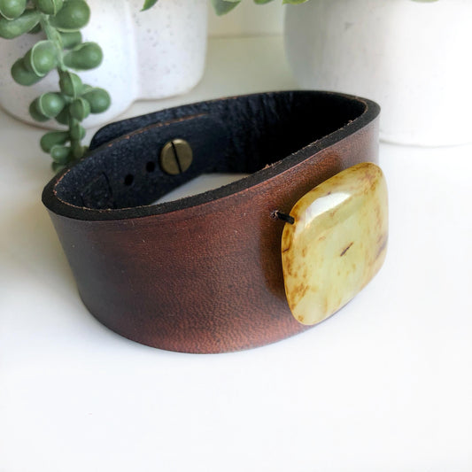 Handmade Genuine Leather Cuff Bracelet with Jade Stone Bead