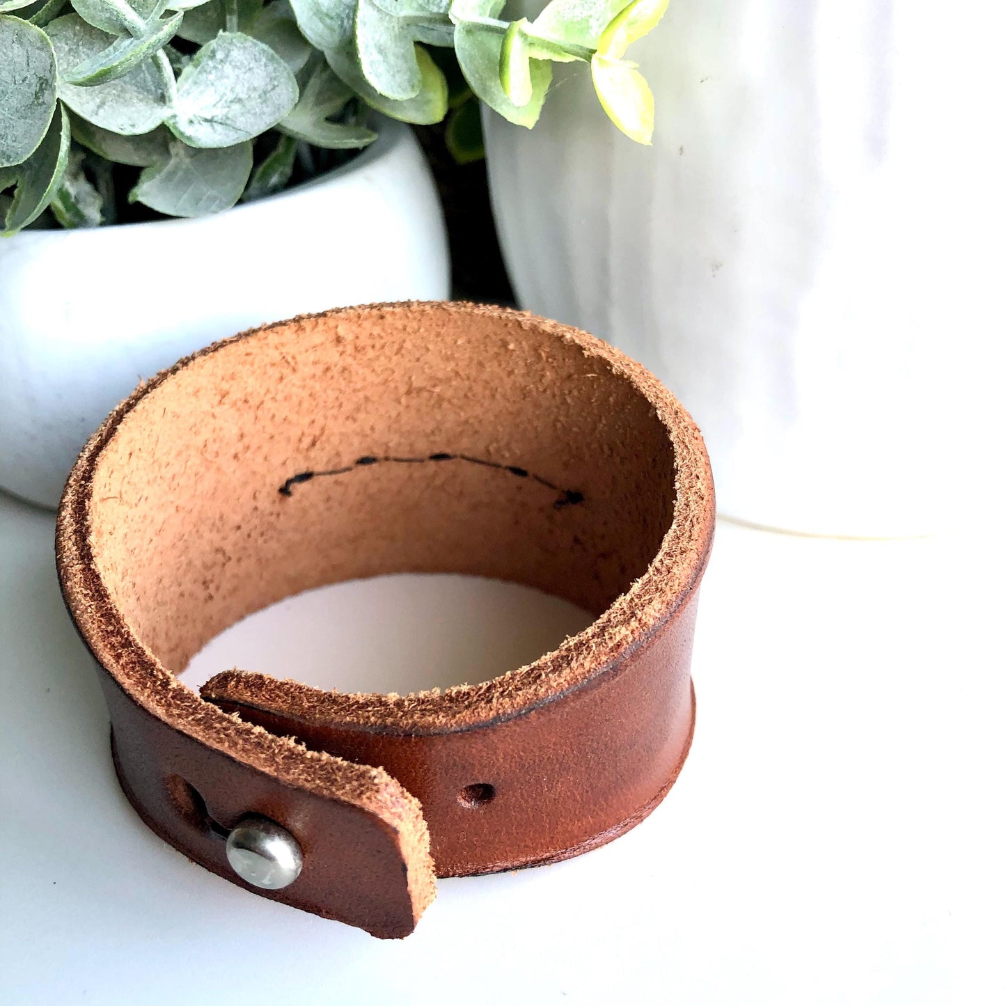 Brown Leather Bracelet Cuff with Hemetite Beads