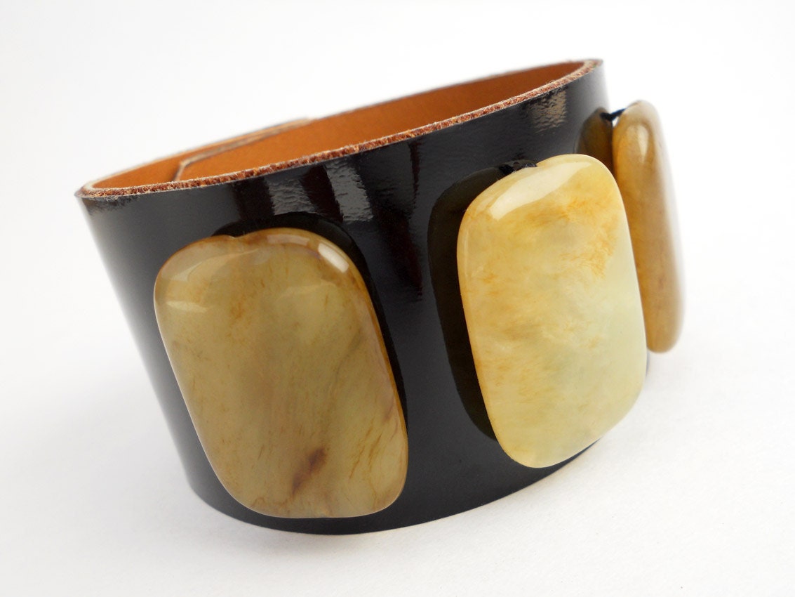 Black Patent Leather Bracelet Cuff with Jade Stone Beads
