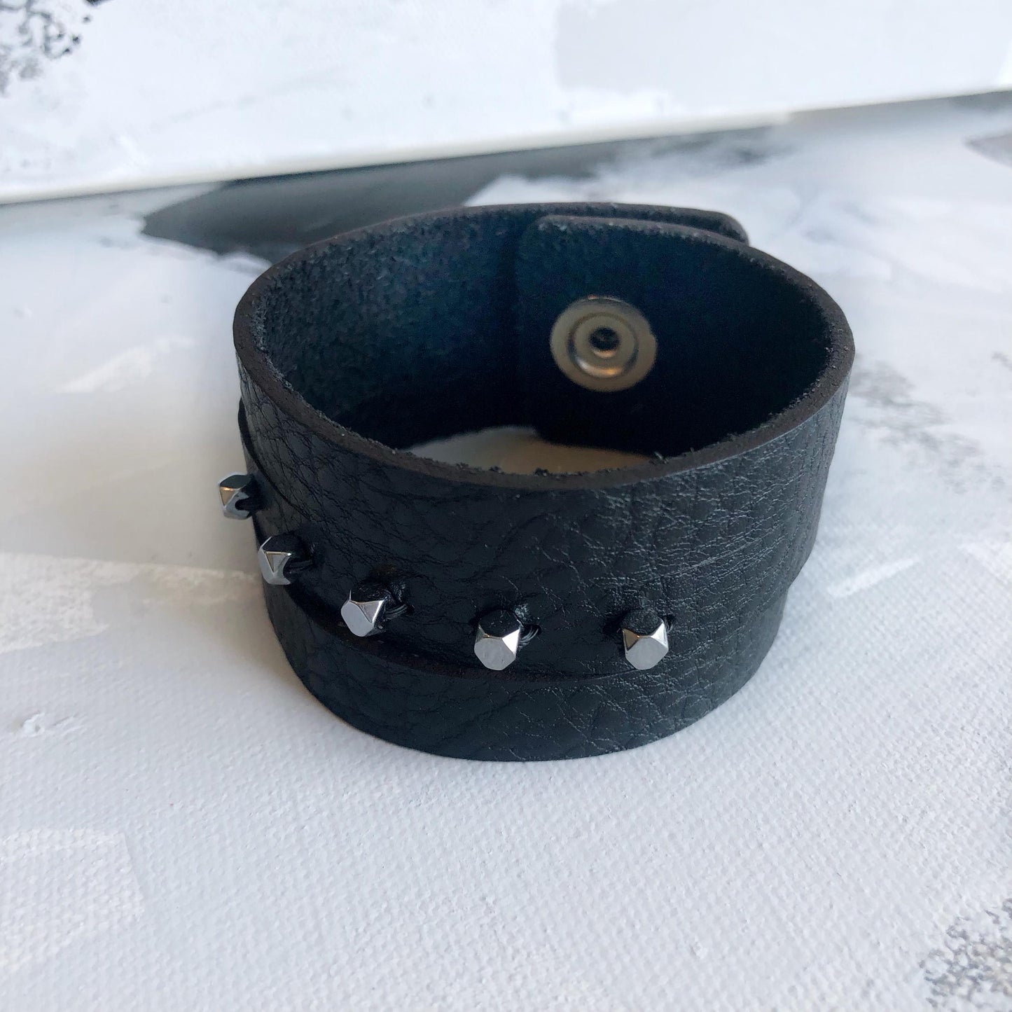 Black Leather Slit Cuff with Beads