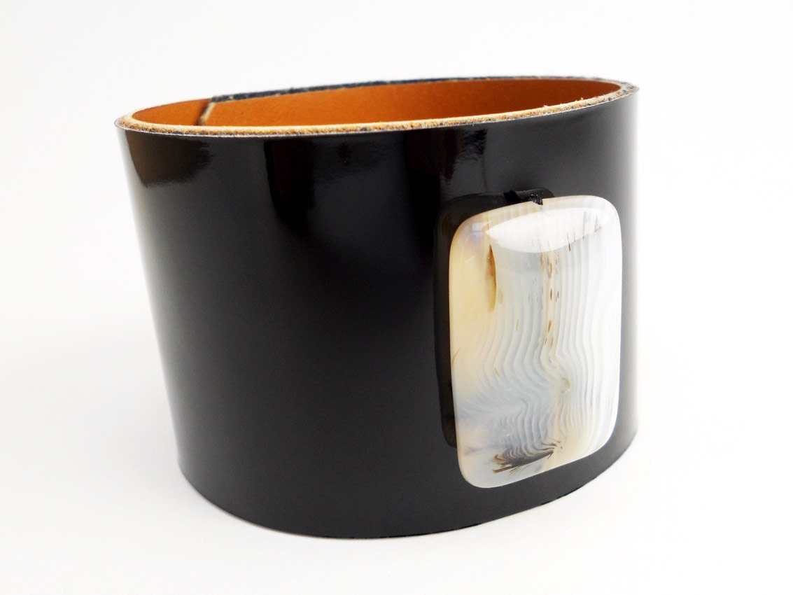 Black Patent Leather Bracelet with White Carnelian Bead