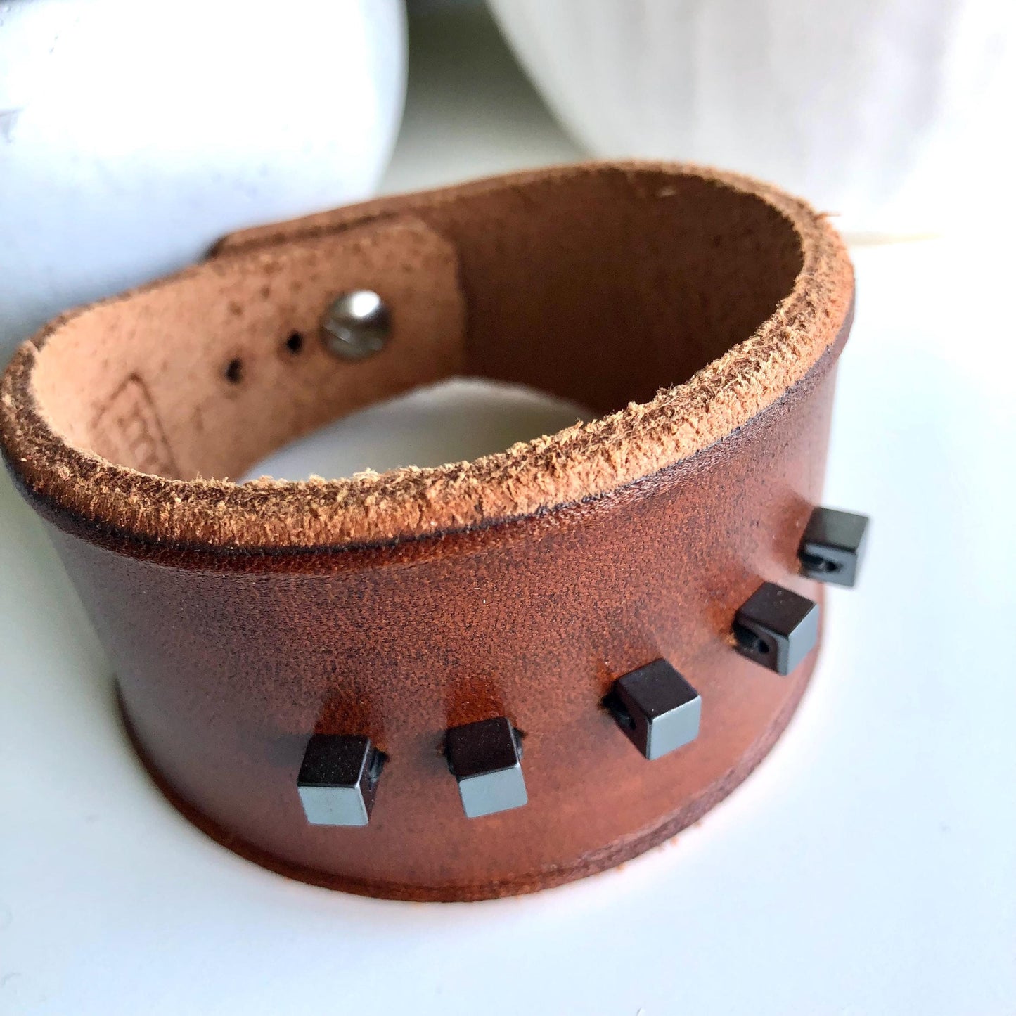 Brown Leather Bracelet Cuff with Hemetite Beads