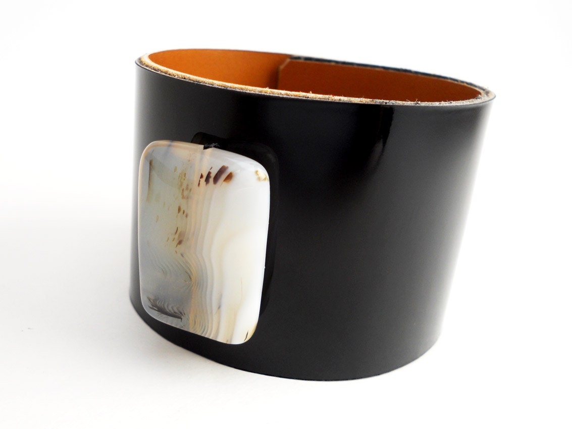 Black Patent Leather Bracelet with White Carnelian Bead