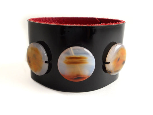 Black Patent Leather Cuff Bracelet with Crystal Agate Beads