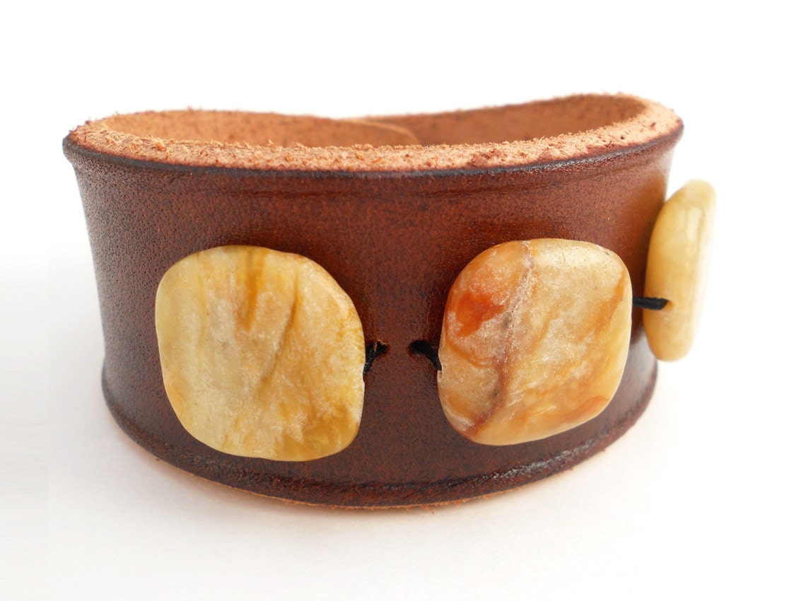 Brown Leather Cuff Bracelet with Honey Colored Jade Stone Beads