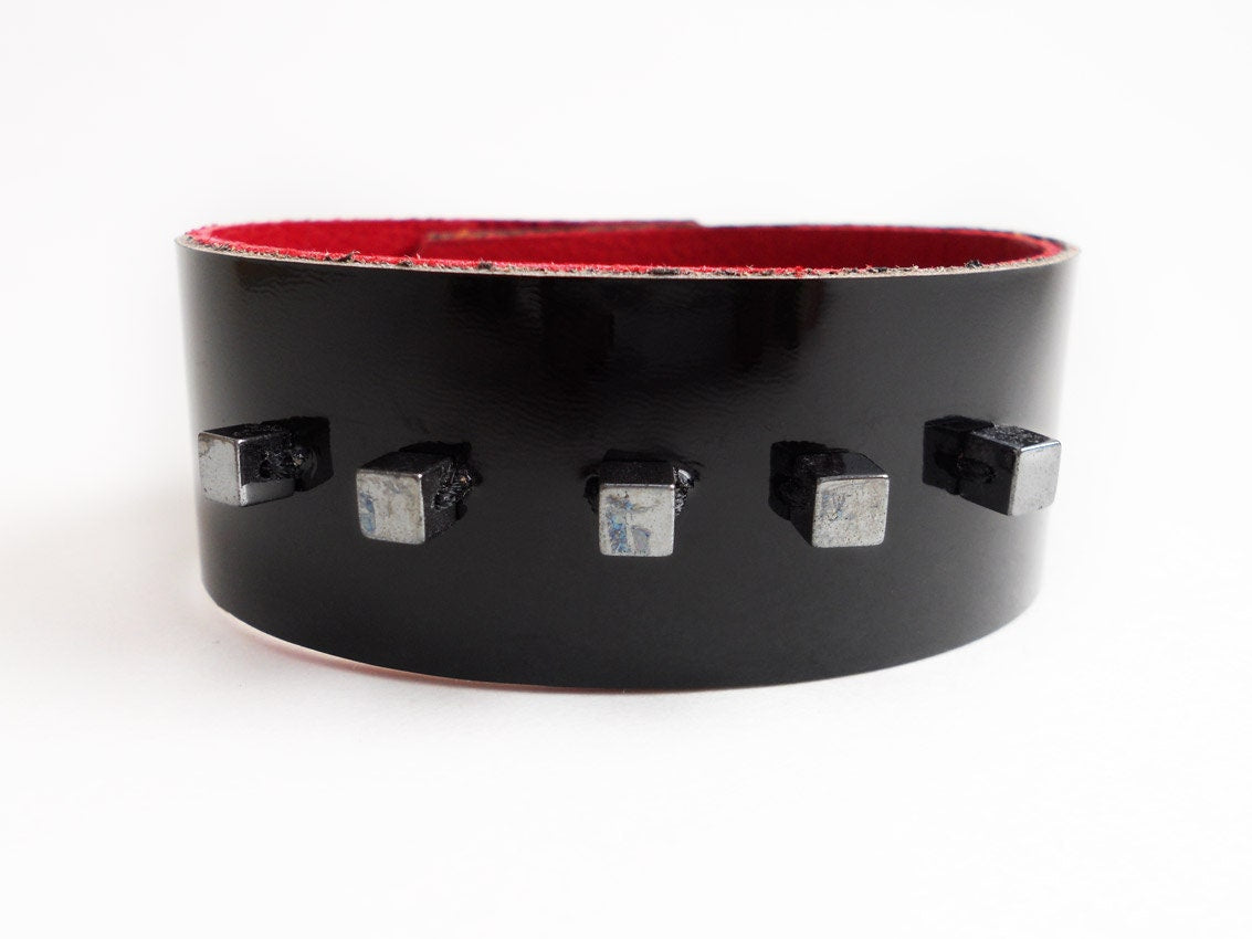 Black Beaded Patent Leather Bracelet for Women