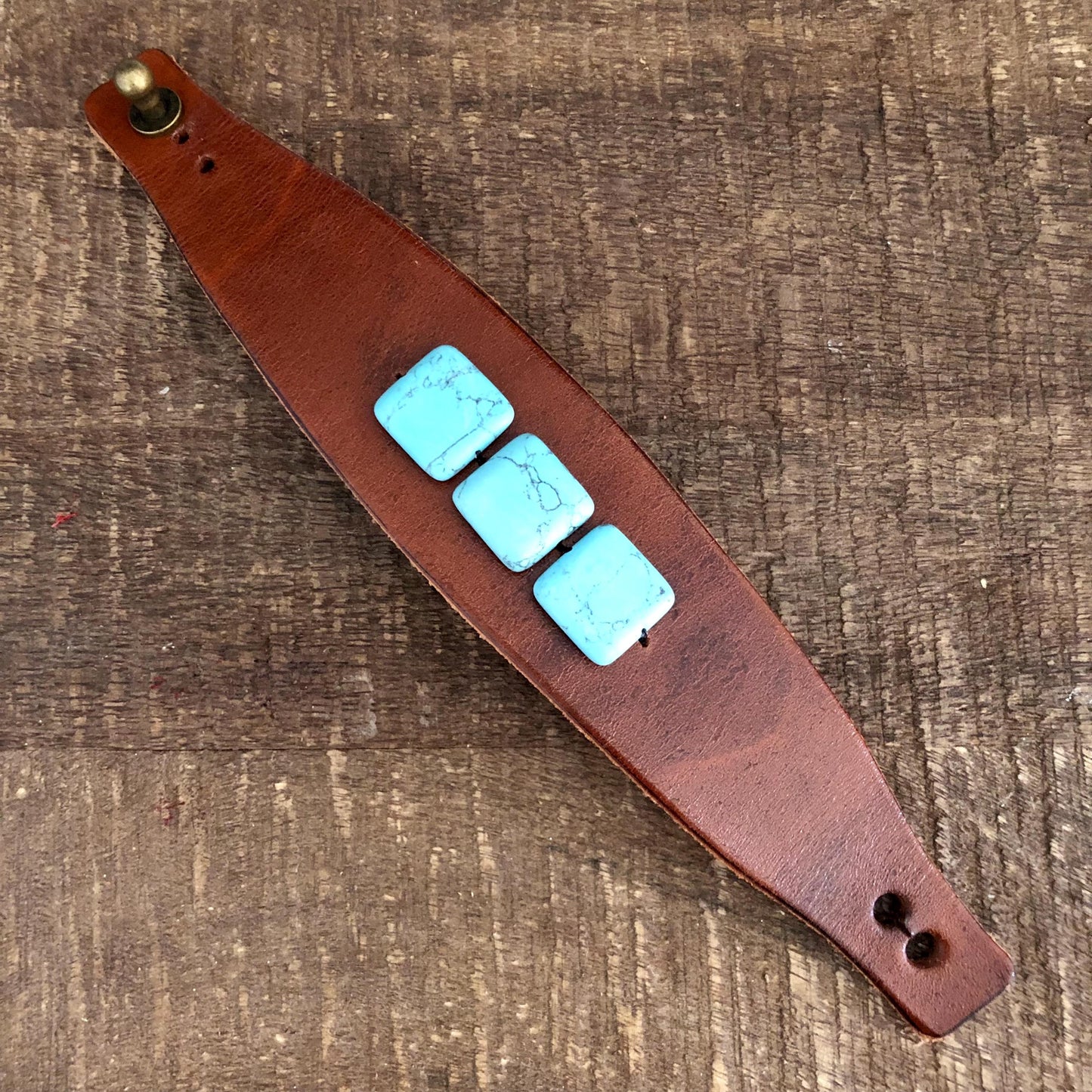 Brown Leather Bracelet with Turquoise Colored Beads