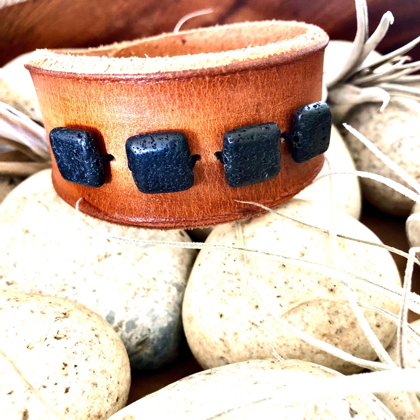 Brown Leather Bracelet with Black Lava Stone Beads