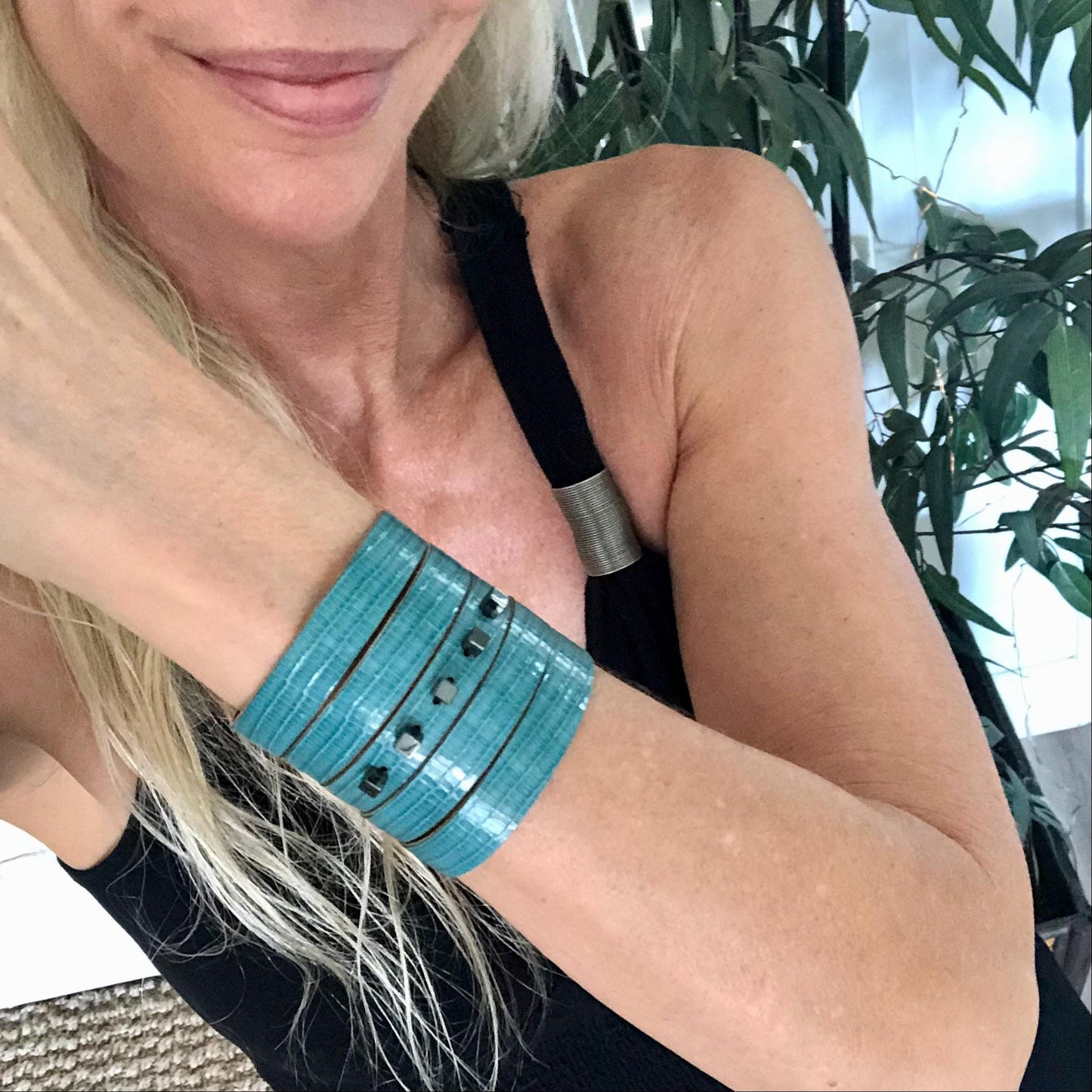 Turquoise Leather Wrist Cuff with Slits