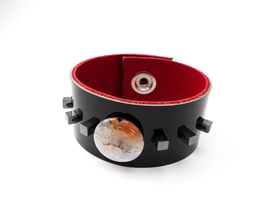 Black Patent Leather Bracelet with Crystal Agate Bead