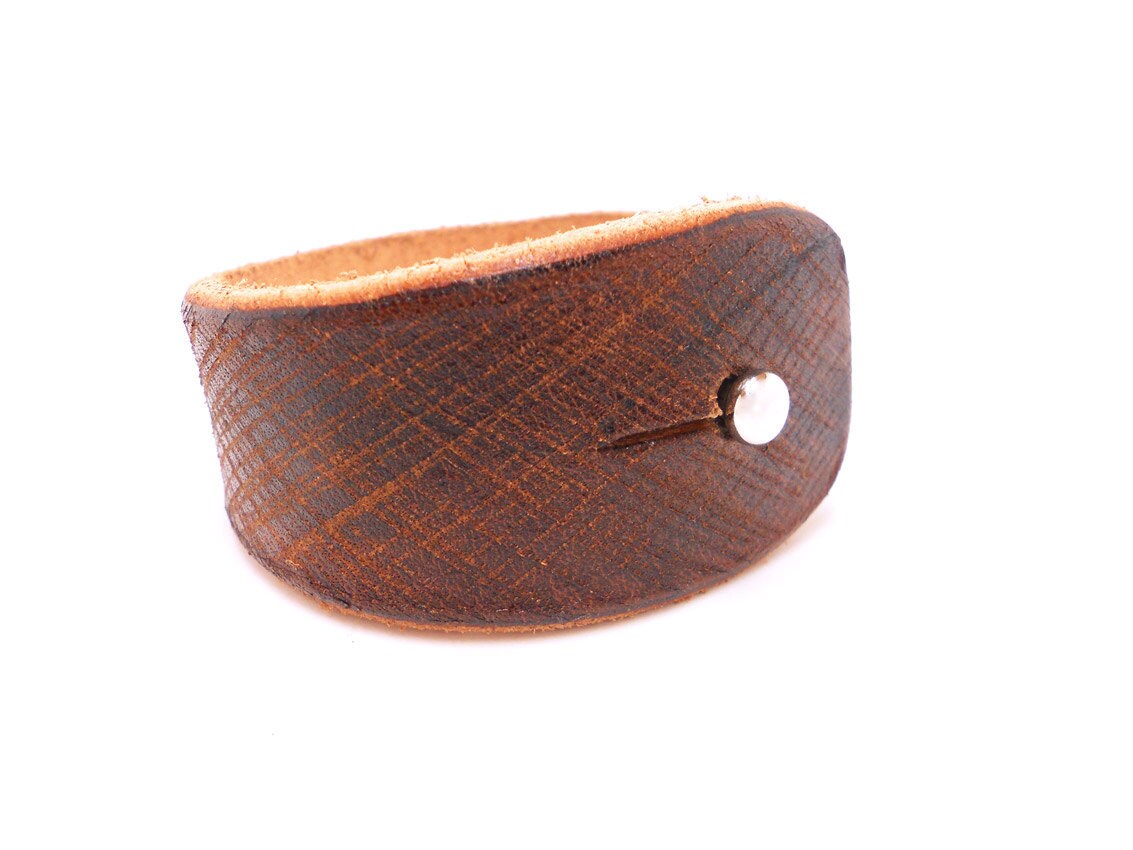 Unisex Hand Etched Brown Leather Bracelet Cuff