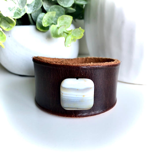 Brown Leather Cuff Bracelet with White Agate Bead