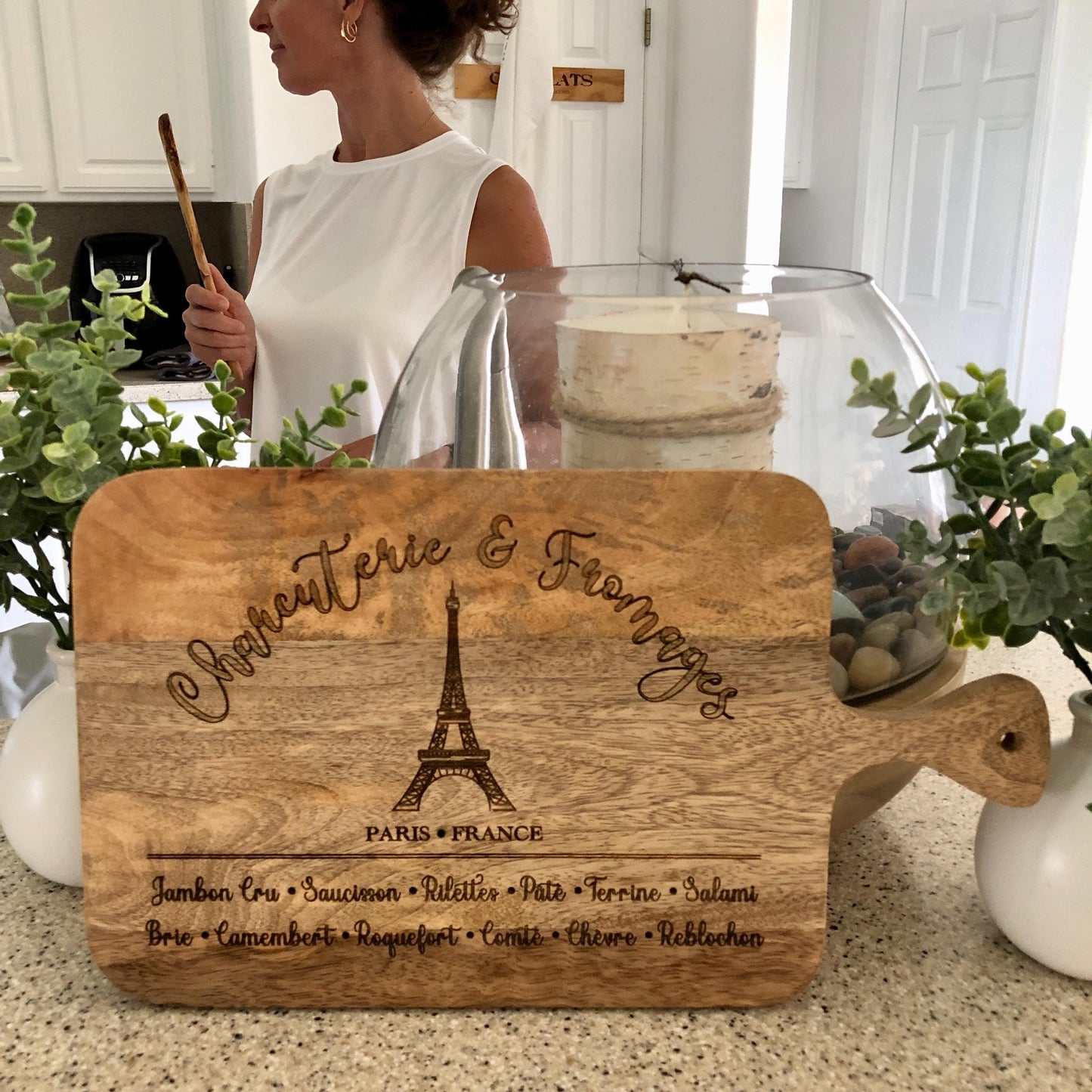 Charcuterie and Cheese Board made of Acacia Wood, Eiffel Tower - French