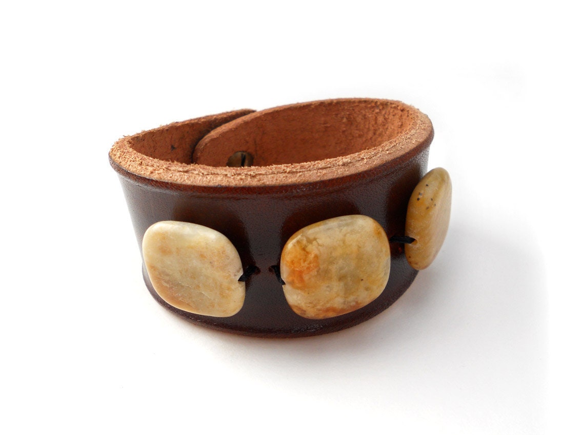 Brown Leather Bracelet Cuff with Yellow Jade Stone Beads