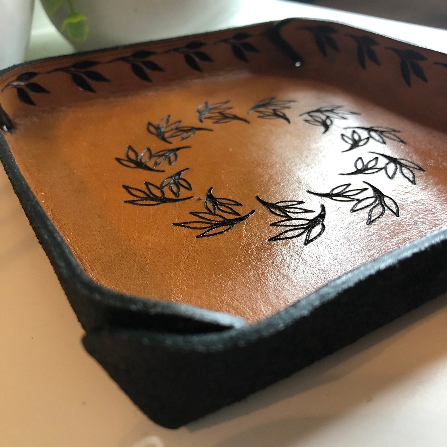 Handmade Leather Catch All Tray with Leaf Motif