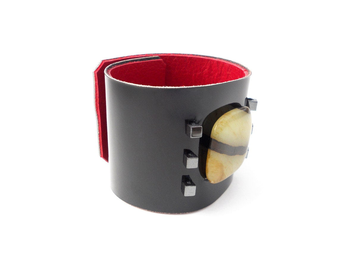 One of a Kind Black Patent Leather Bracelet Cuff with Tiger Striped Jade Stone Bead