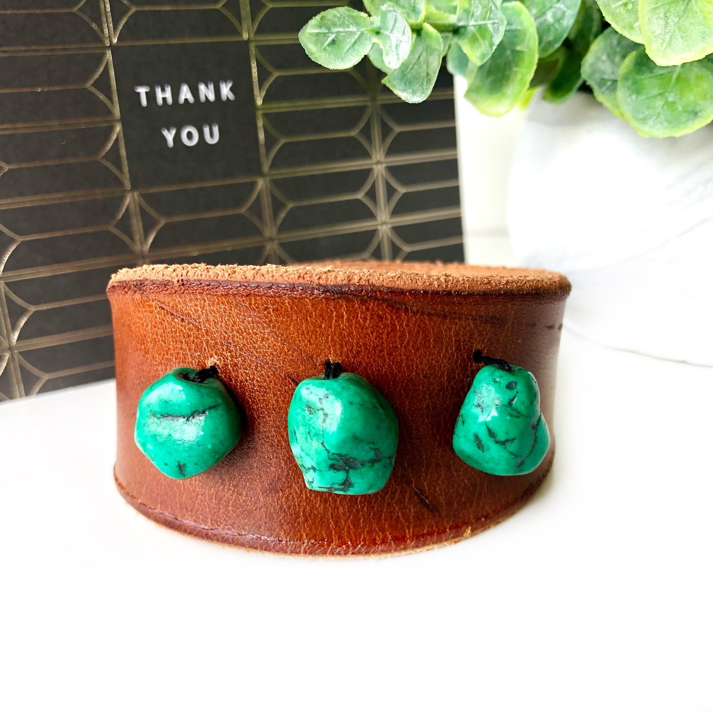 Brown Leather Bracelet Cuff with Teal Beads
