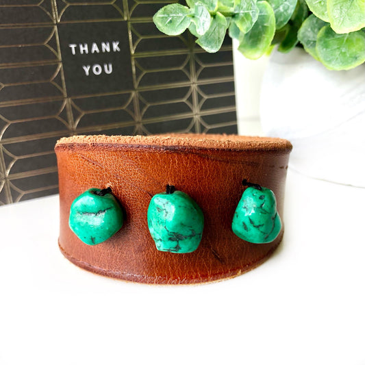 Brown Leather Bracelet Cuff with Teal Beads