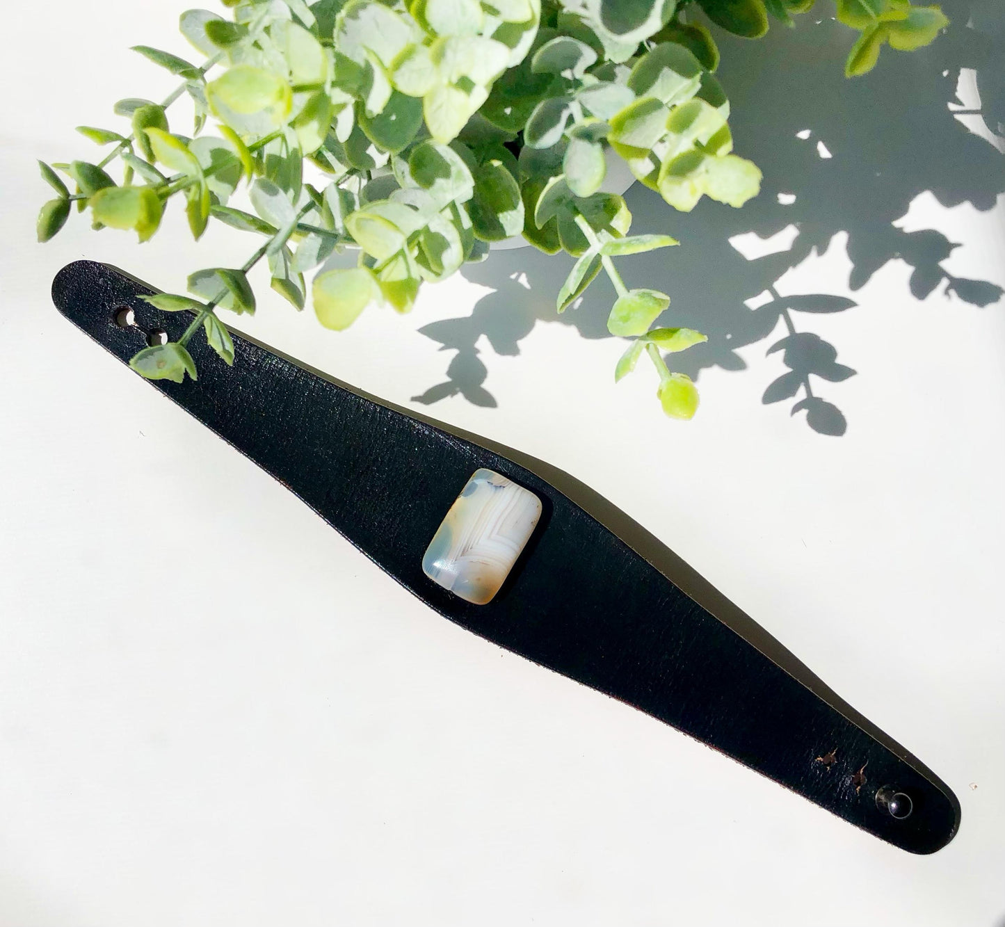 Black Leather Bracelet Cuff with Carnelian Bead