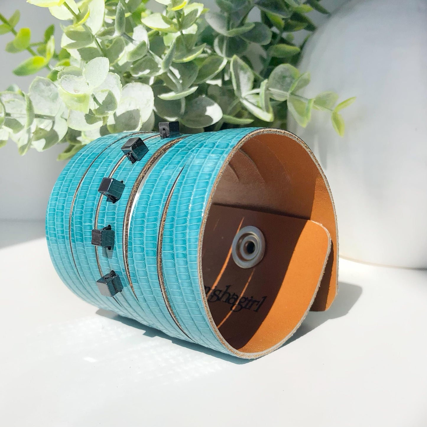Turquoise Leather Wrist Cuff with Slits
