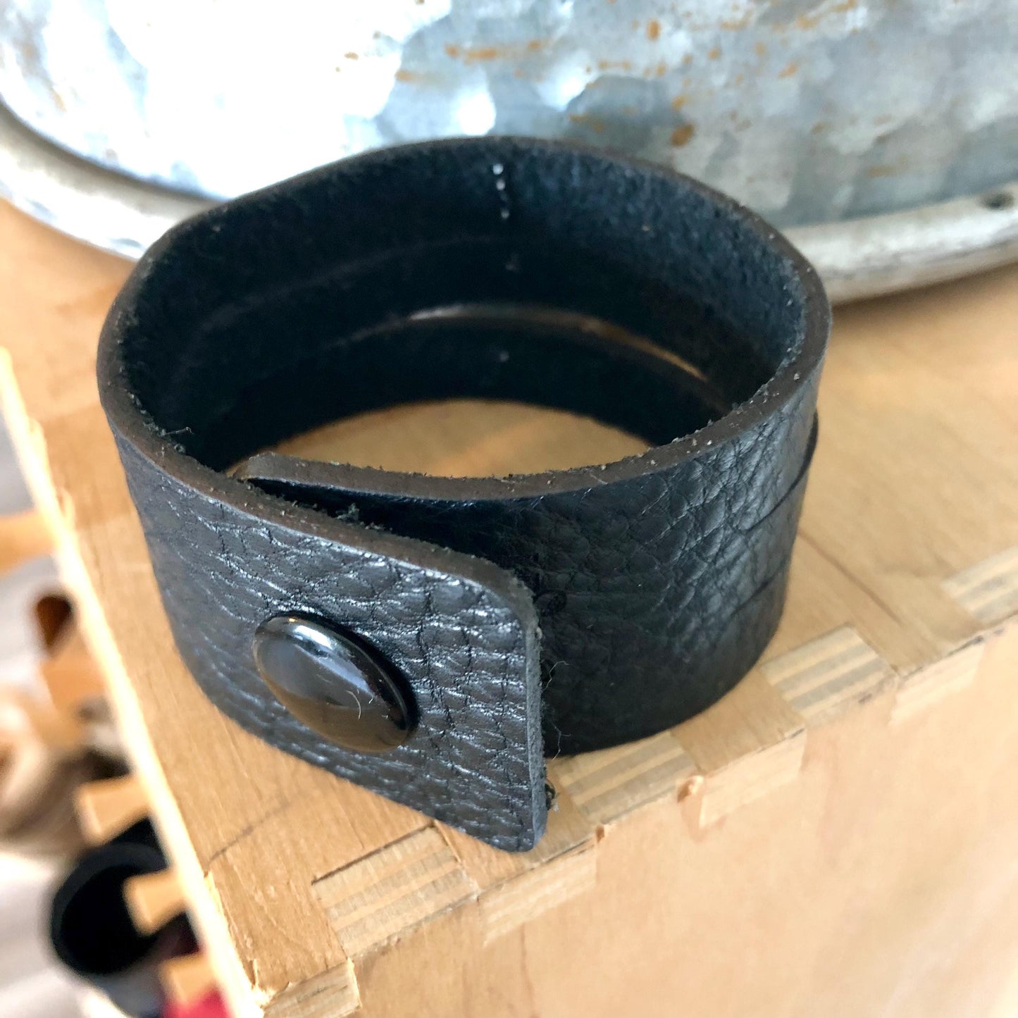 Black Leather Slit Cuff with Beads