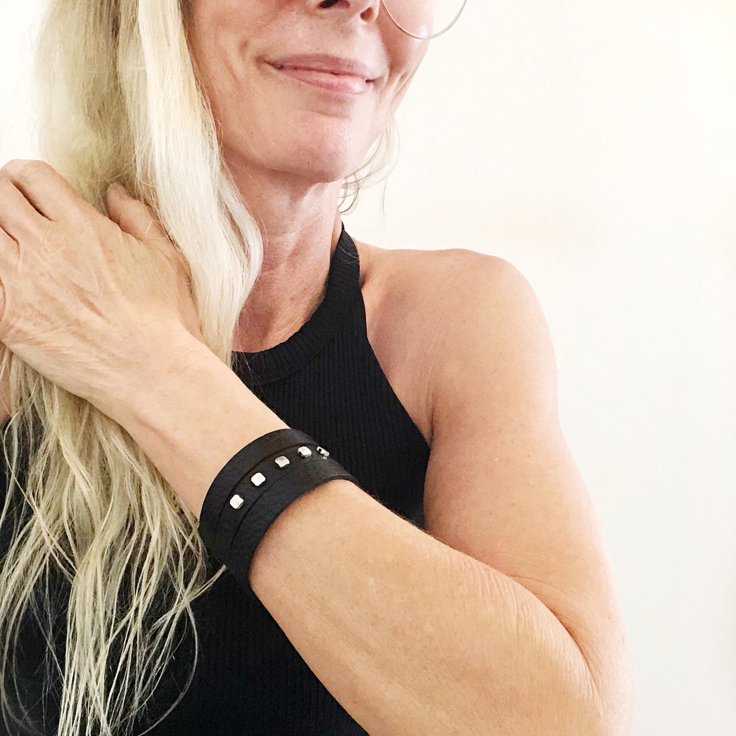 Black Leather Leather Slit Cuff with Beads