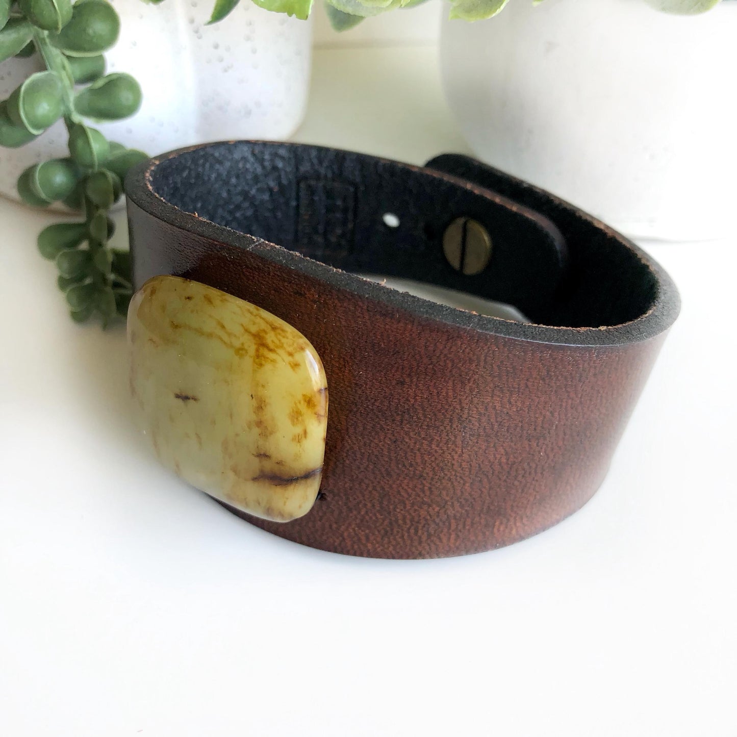 Brown Leather Bracelet with Jade Stone Bead