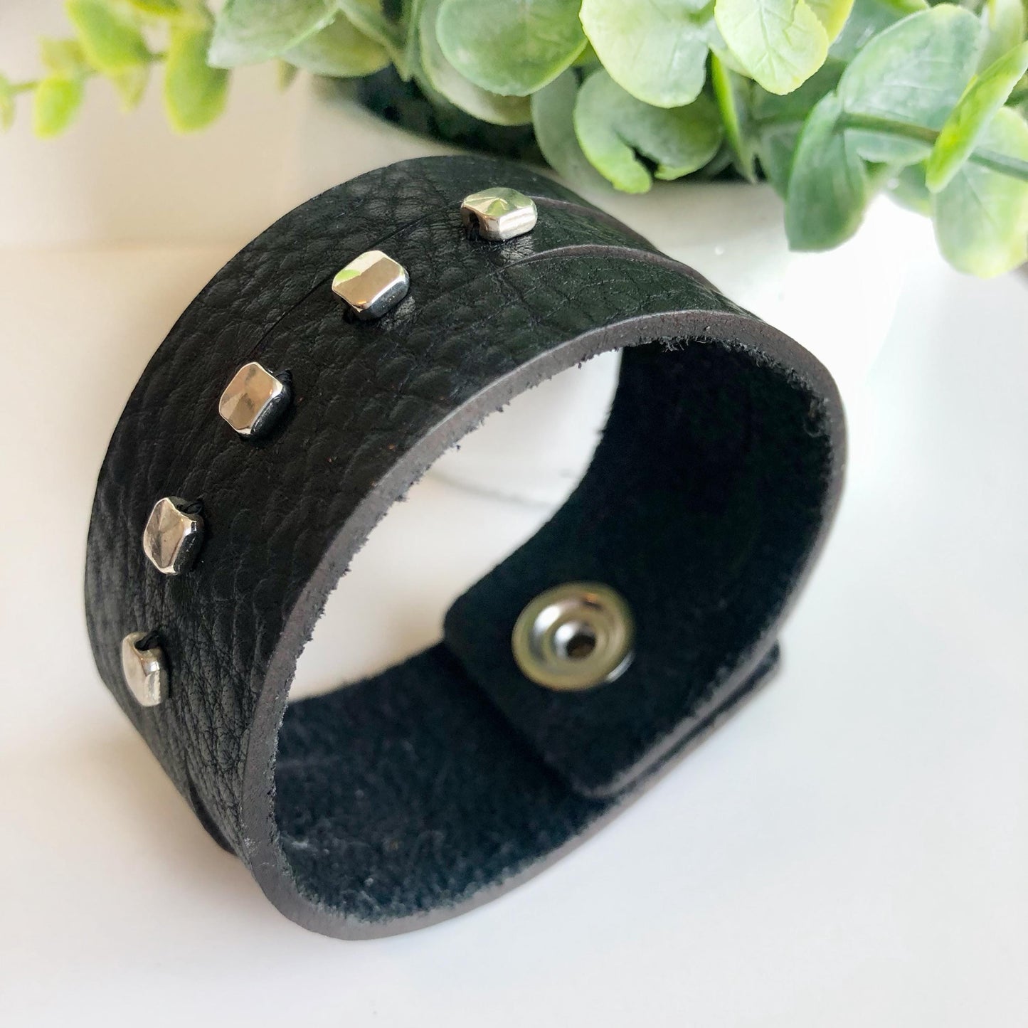 Black Leather Leather Slit Cuff with Beads