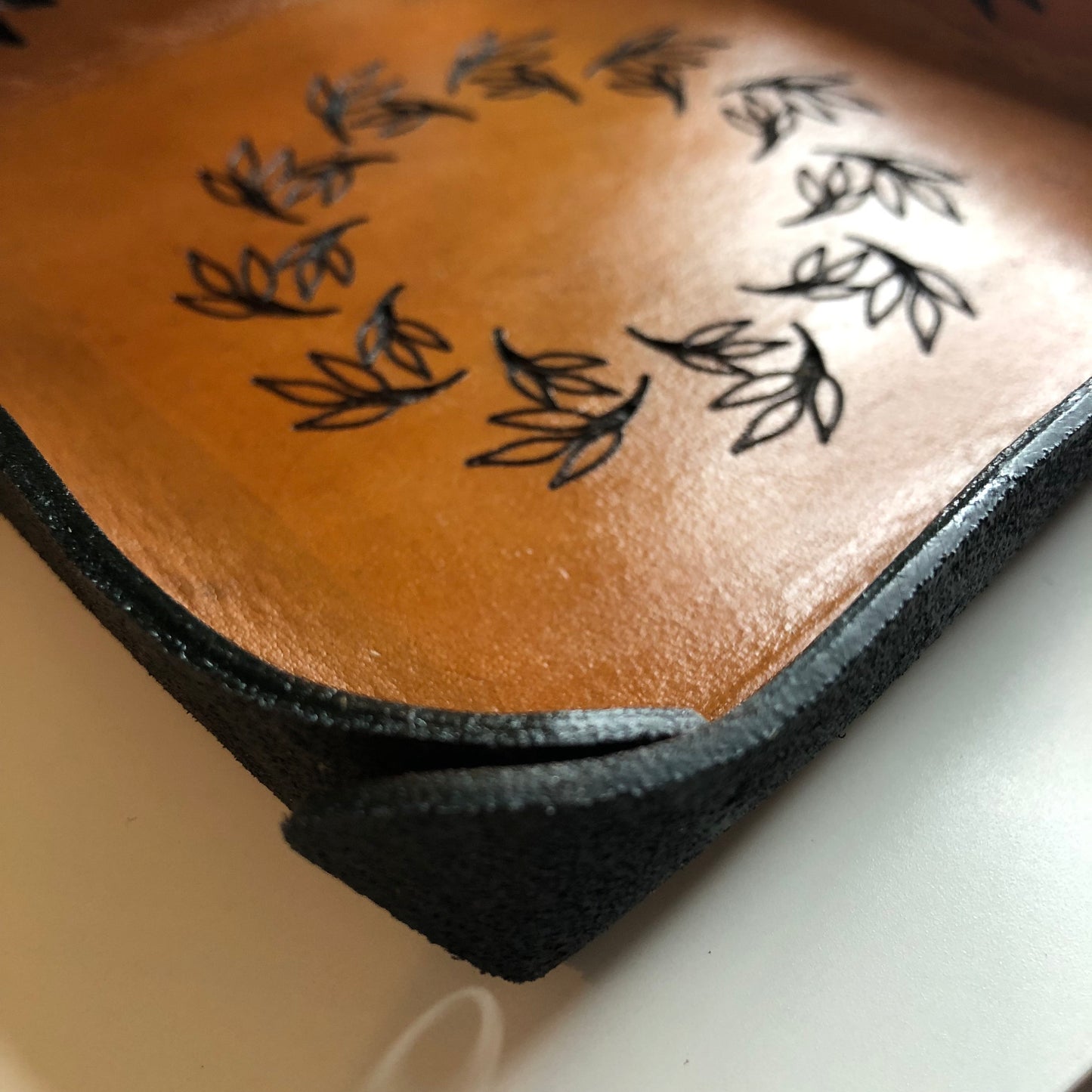 Handmade Leather Catch All Tray with Leaf Motif