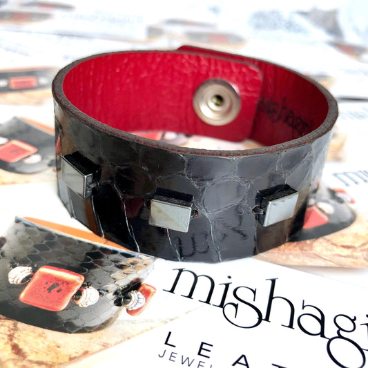 Black Snakeskin Bracelet with Hematite Beads