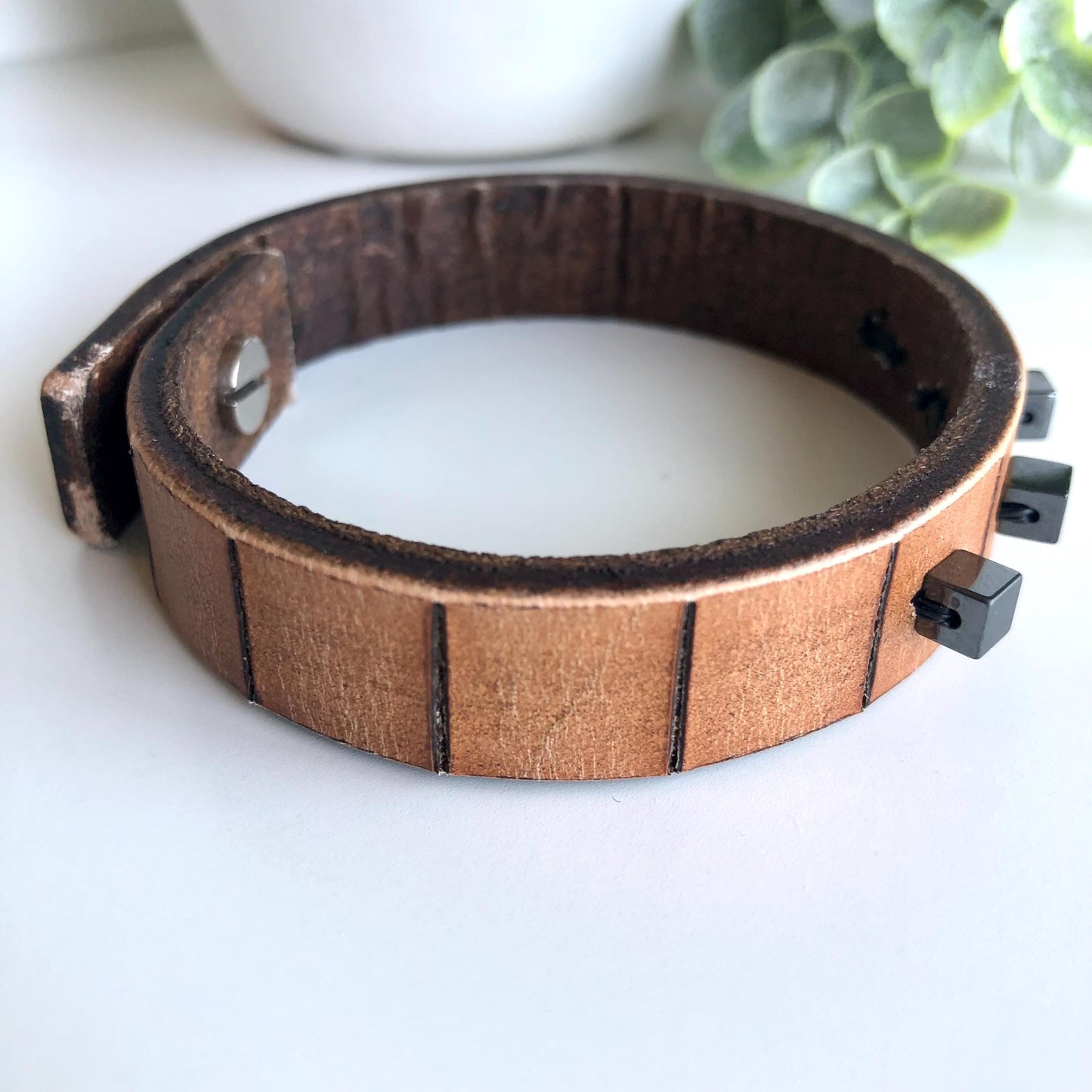 Thin Beaded Brown Leather Bracelet
