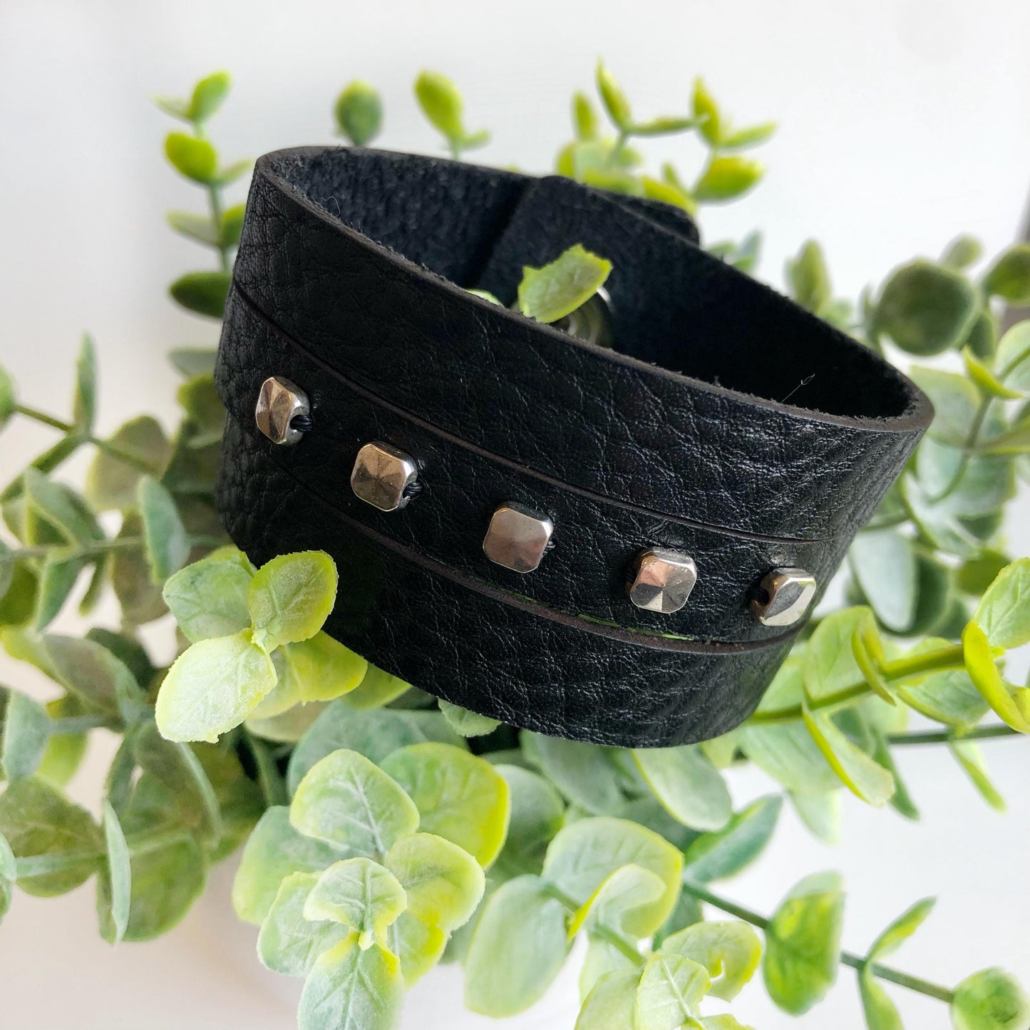Black Leather Leather Slit Cuff with Beads