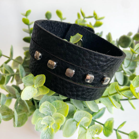 Black Leather Leather Slit Cuff with Beads